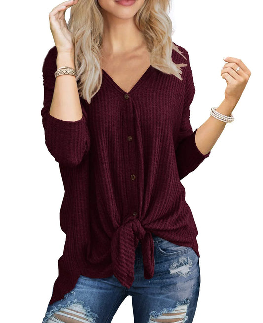 Womens Loose Blouse Long Sleeve V Neck Button down T Shirts Tie Front Knot Casual Tops Wine Red L